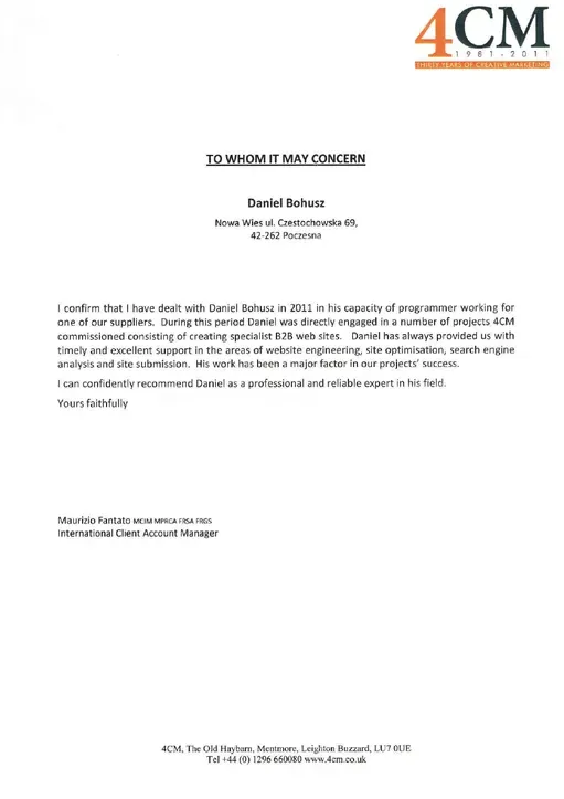 Reference letter from 4CM, page 1