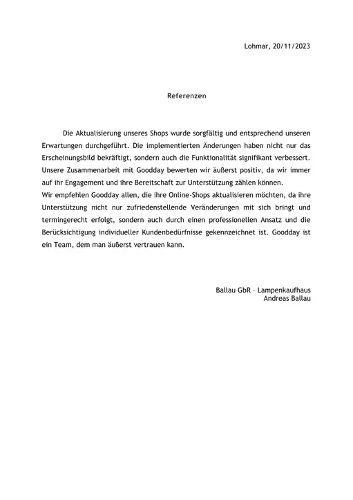 Reference letter from Ballau GbR – Lampenkaufhaus, page 1