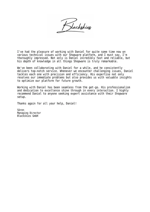 Reference letter from Blackskies GmbH, page 1