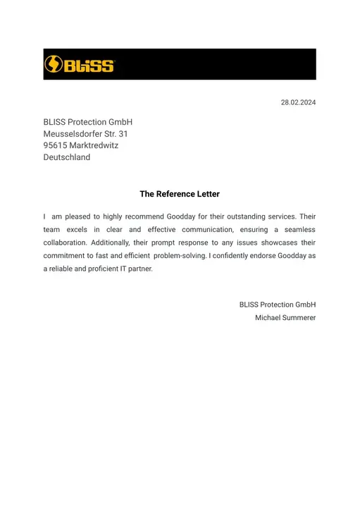 Reference letter from Bliss Protection GmbH, page 1