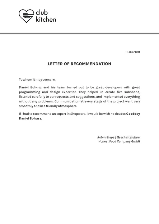 Reference letter from Club Kitchen, page 1