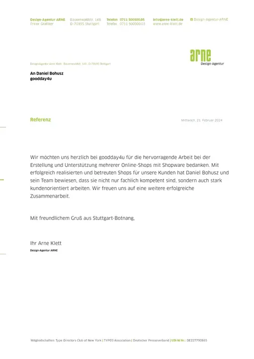 Reference letter from Design-Agentur ARNE, page 1