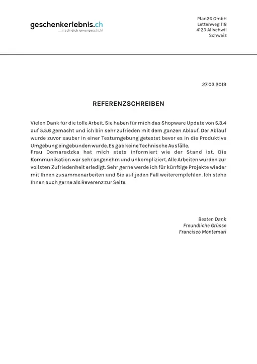 Reference letter from Geschenkerlebnis.ch, page 1