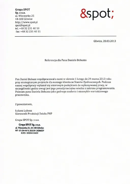 Reference letter from Grupa SPOT, page 1