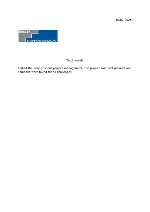 Reference letter from Hasler Treppentechnik AG, page 1