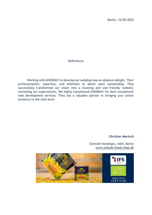 Reference letter from I. Schmidt Handelsgesellschaft, page 1