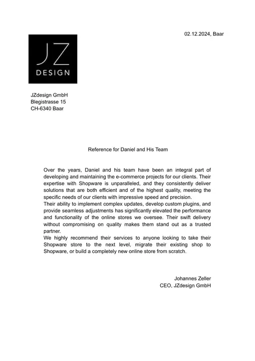 Reference letter from JZdesign GmbH, page 1