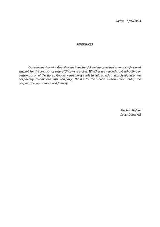 Reference letter from Koller Direct AG, page 1