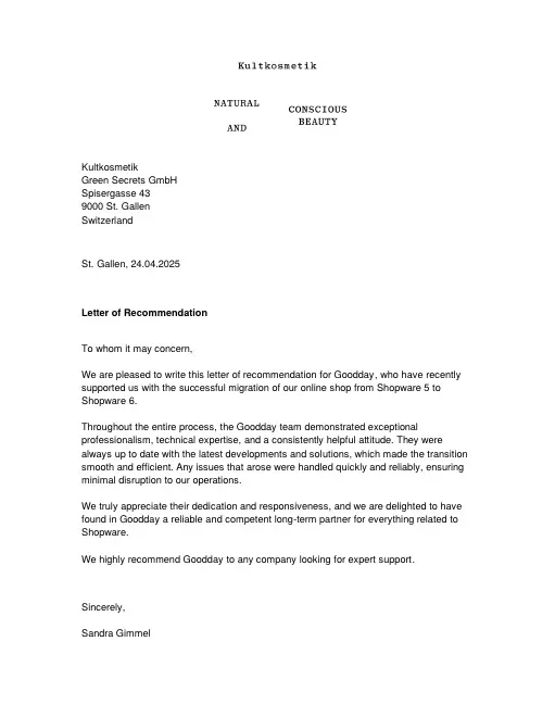 Reference letter from Kultkosmetik, page 1