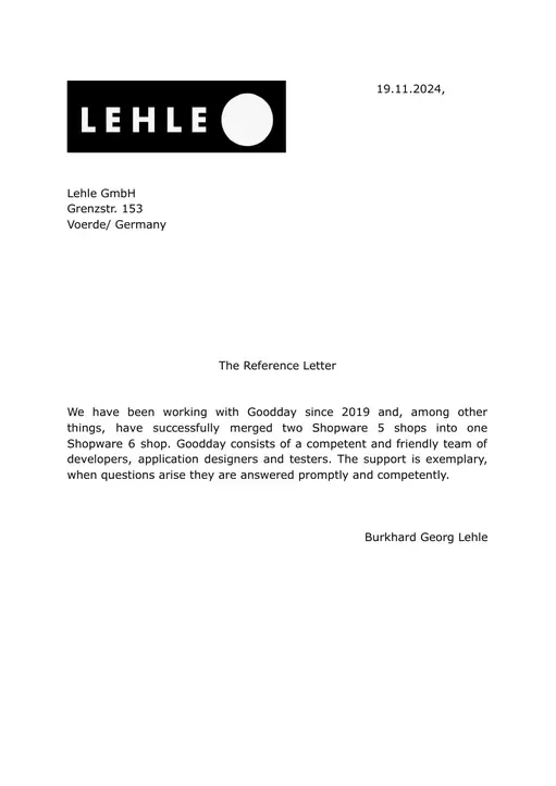 Reference letter from Lehle GmbH, page 1