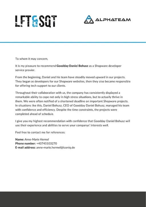 Reference letter from LFT&SOFT I ALPHATEAM, page 1