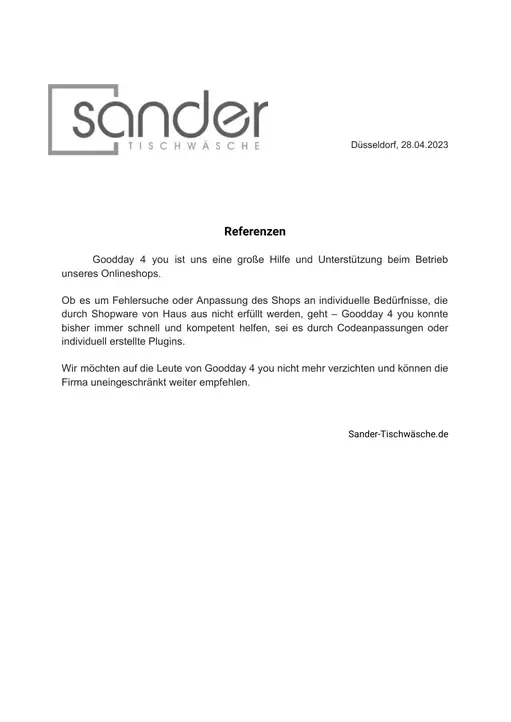 Reference letter from Sander-Tischwäsche.de, page 1