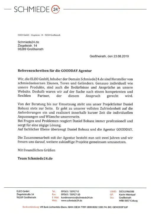 Reference letter from Schmiede24, page 1
