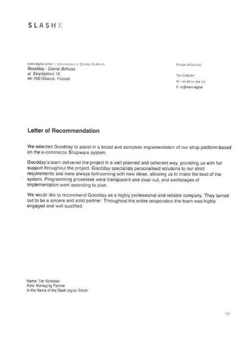 Reference letter from Slash Digital GmbH, page 1