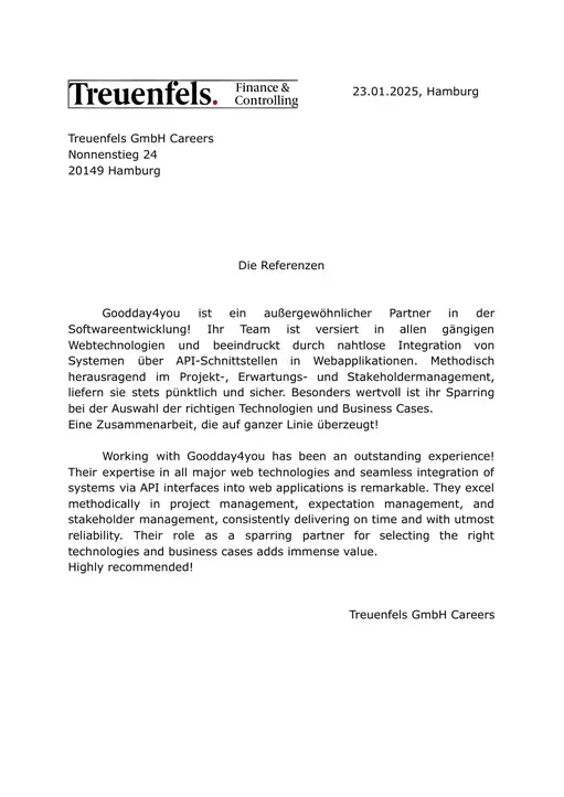 Reference letter from Treuenfels GmbH Careers, page 1