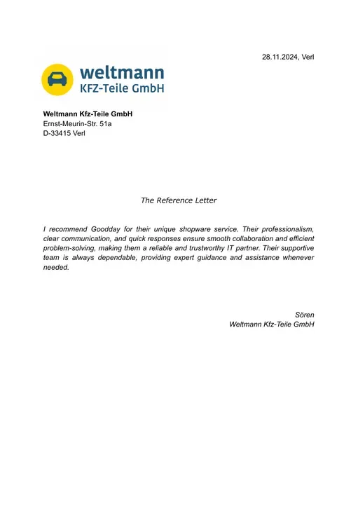 Reference letter from Weltmann Kfz-Teile GmbH, page 1