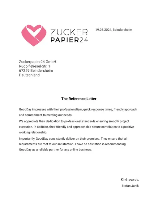 Reference letter from Zuckerpapier24 GmbH, page 1